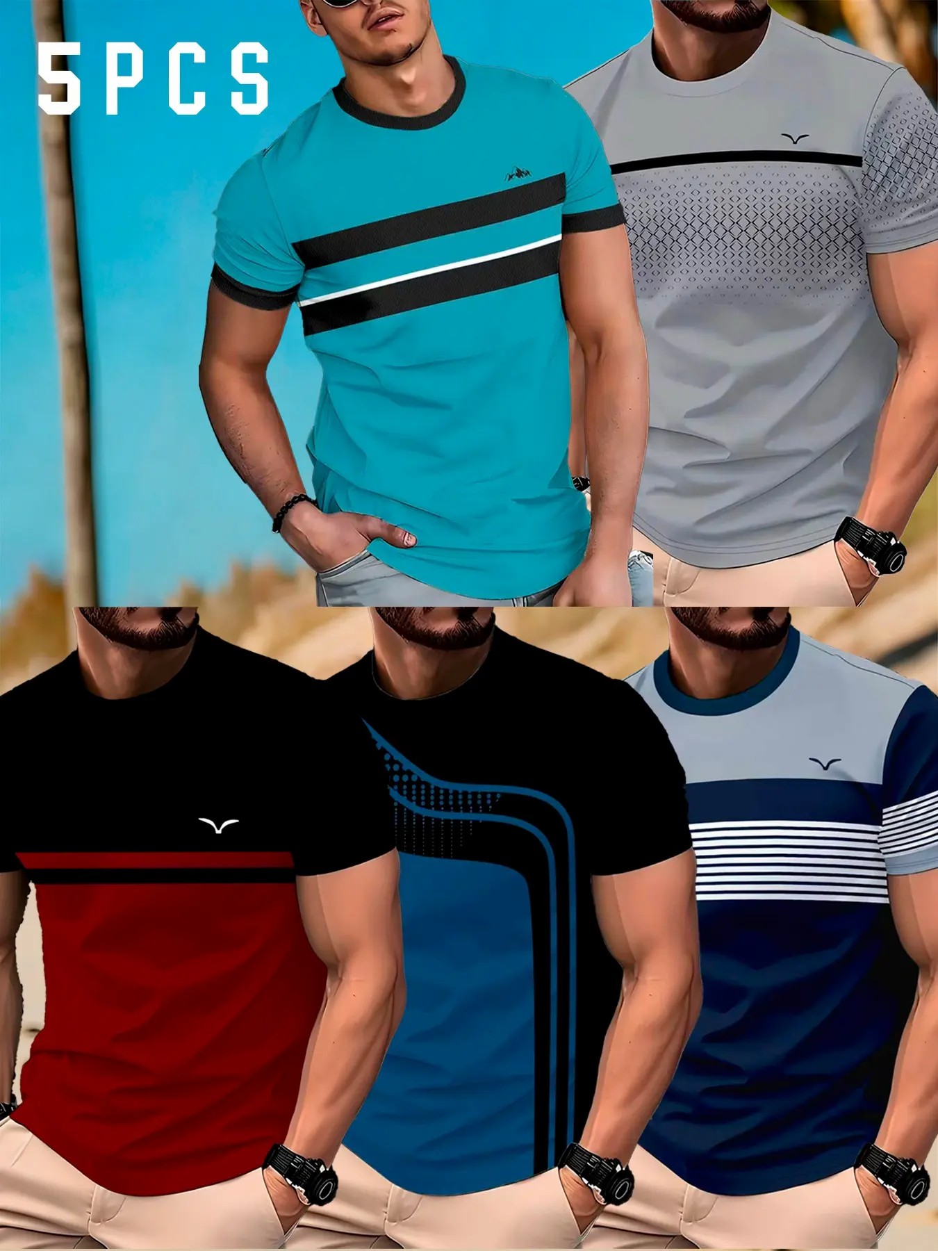 🔥 5-Pack Men's Quick-Dry Gradient Stripe T-Shirts | Only $21.99