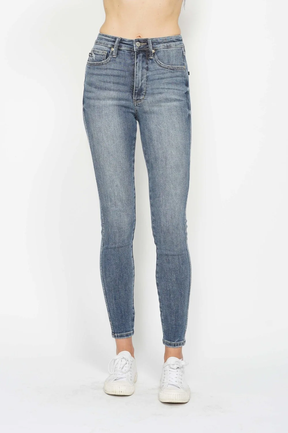 Blue Full Size Tummy Control Contrast Wash Skinny Jeans