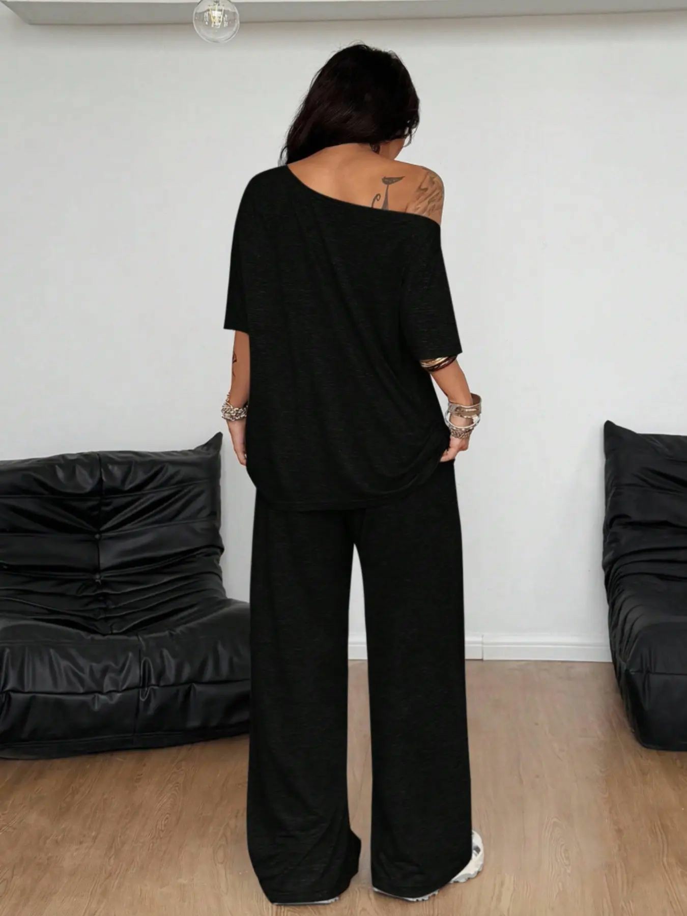 2pcs/Set Women's Minimalist Basic Daily Wear Going Out Sport Comfortable Off Shoulder T-Shirt And Wide Leg Pants Two Pieces Outfits