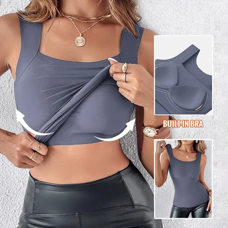Women's U Neck Shapewear Built-in Bra Tank High Strechy Sleeveless Slim Fit Tops Camisole