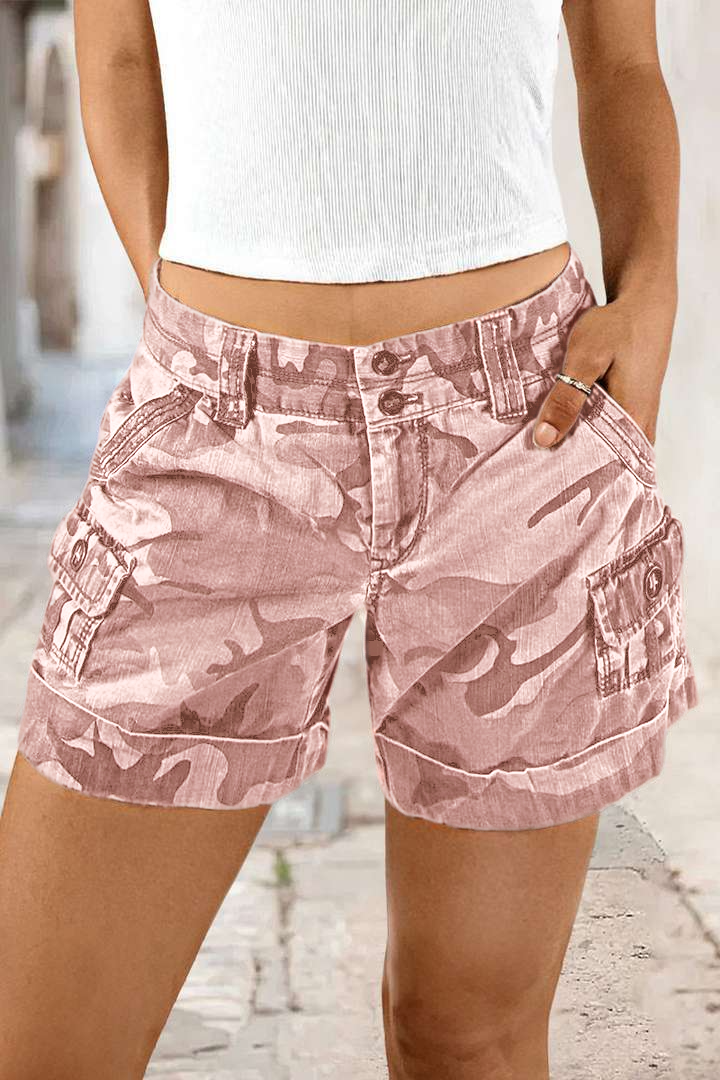 Mother's Day Sale💕Camo Print Roll Hem Flap Pocket Mid Rise Shorts