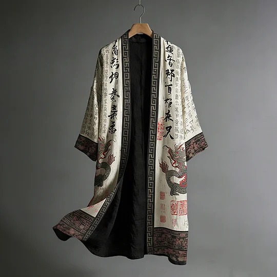 Japanese Men's Dragon Pattern Painting And Calligraphy Art Linen Long Kimono