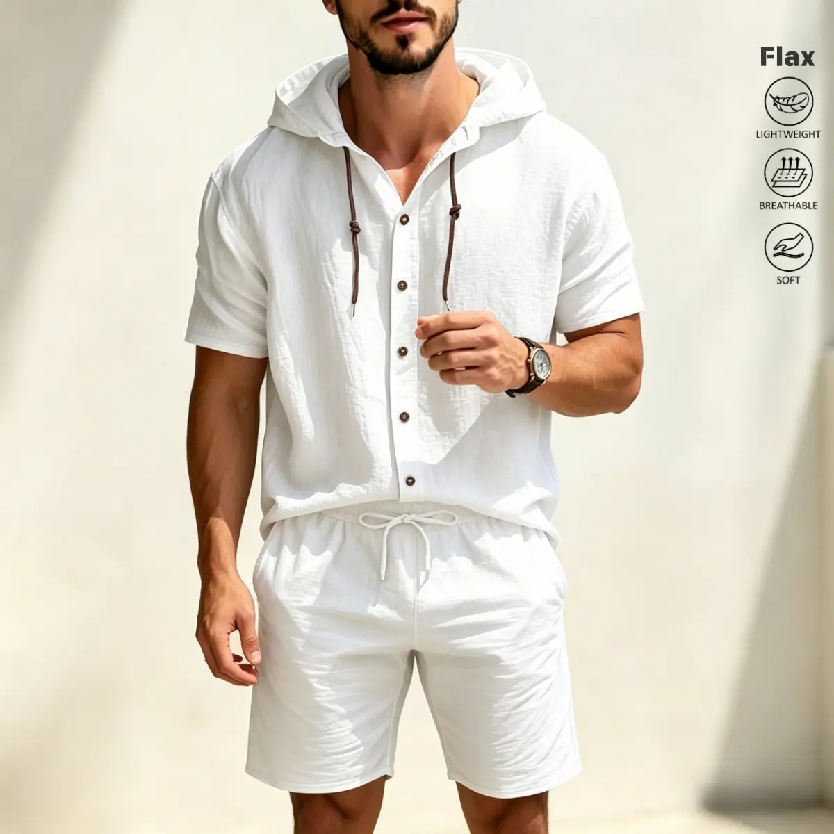 Men's Linen 2-Piece Summer Set – Hooded Henley Top & Matching Shorts, Casual Versatile Outfit