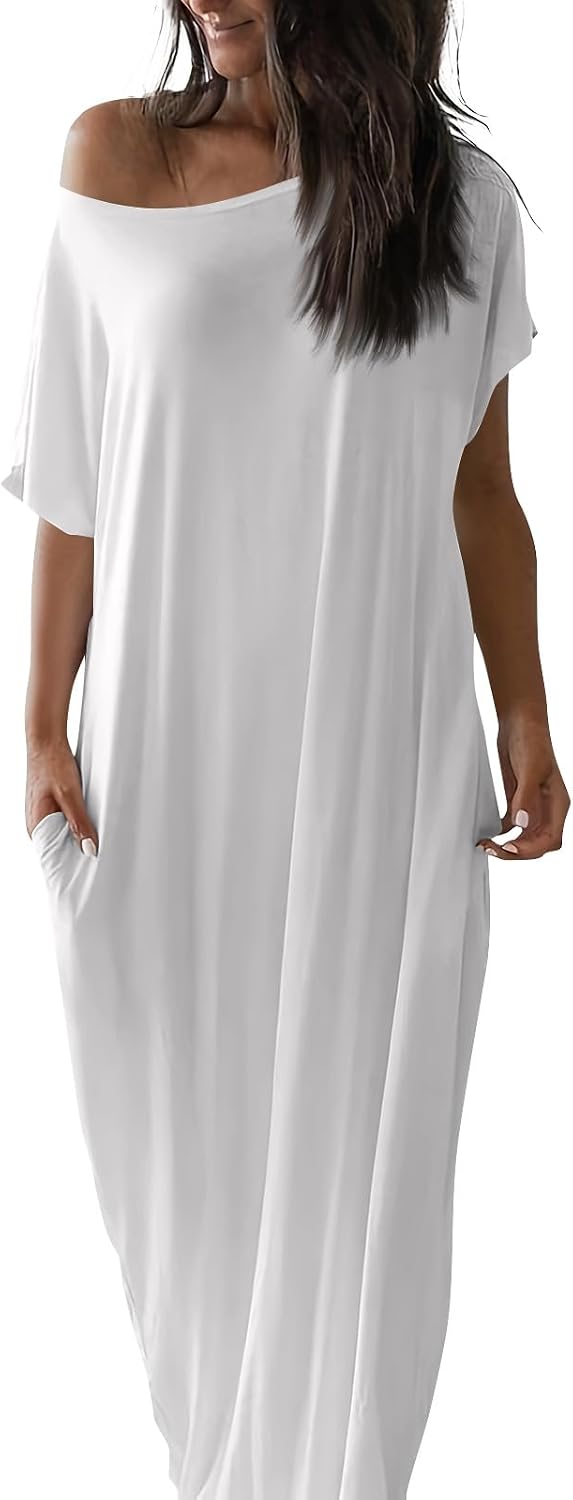Womens Off the Shoulder Dress Batwing Short Sleeve Long Tshirt Dress with Pockets Casual Summer Loose Lounge Dresses