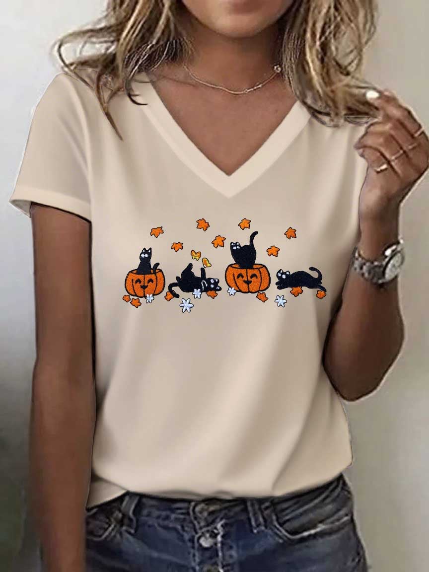Women's Cute Pumpkin Cat Print Casual Top