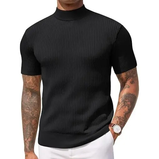 Men's Ribbed Mock Neck Short Sleeve Sweater – Casual Knit Pullover Tee