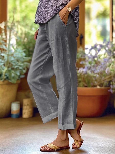 Loose Solid Color Elastic Waist Pocket Straight Cotton And Linen Casual Pants