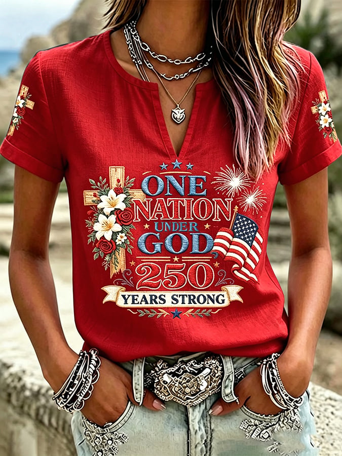 Women's America 250 Years Strong One Nation Under God Print Casual T-shirt