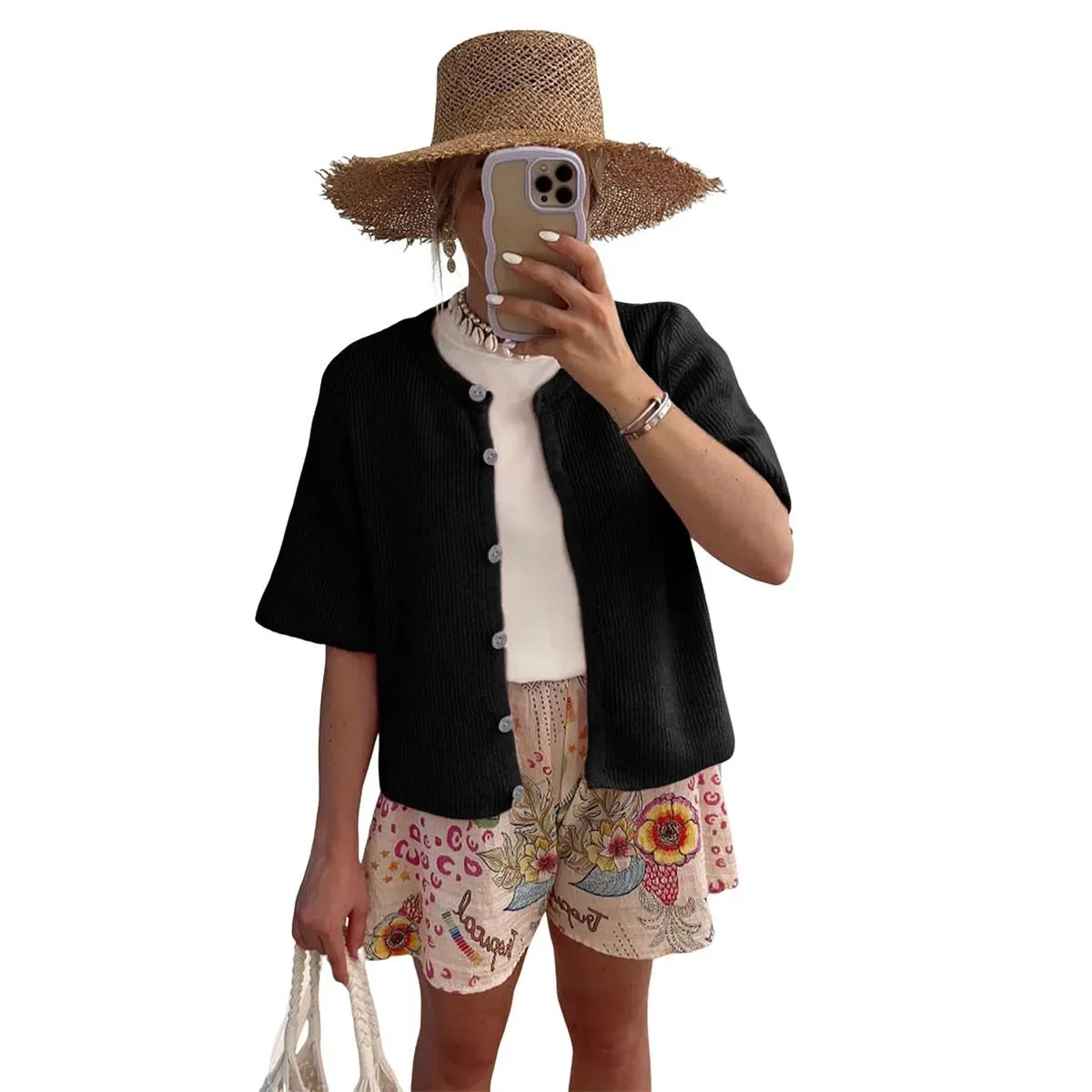 Women's Short-Sleeve Cardigan Sweater — Crew Neck, Soft Rib-Knit, Button-Front Top