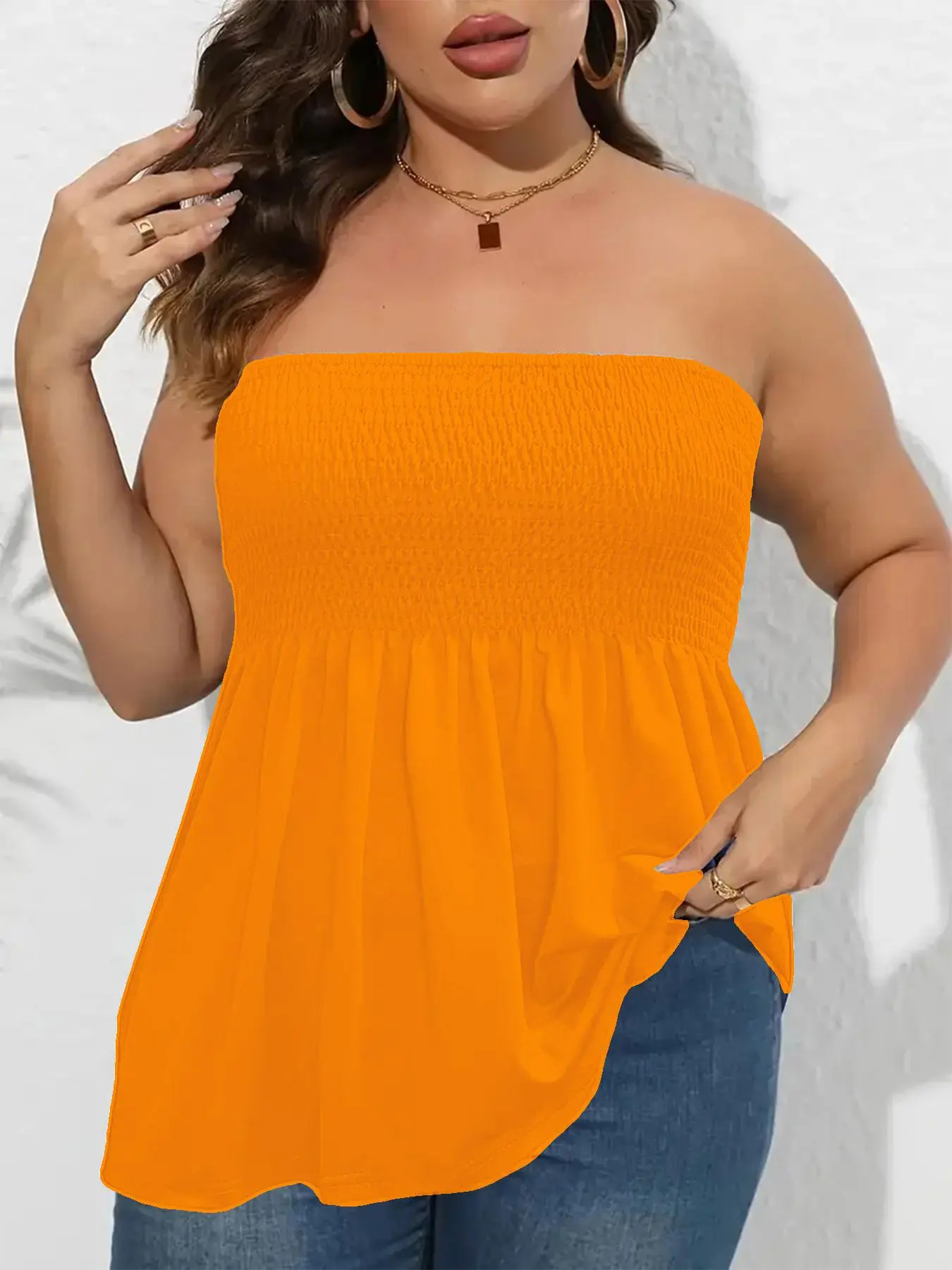 🔥🔥6 PACKS $24|Plus Size Solid Ruffle Hem Shirred Tube Top
