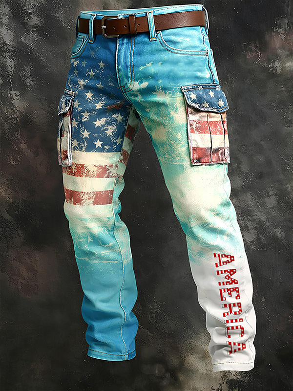 Men's Independence Day Tie-Dye American Flag Print Casual Cargo Pants