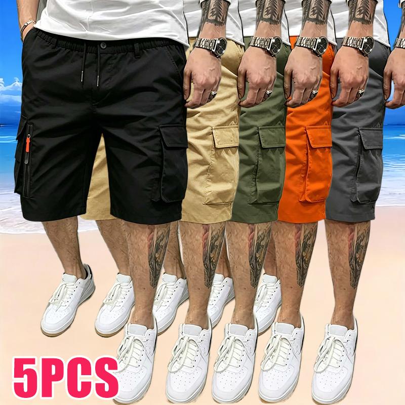 Men's Athletic-Casual Cargo Shorts — Multi-Pocket Design, Elastic Drawstring Waist, Decorative Faux Zipper