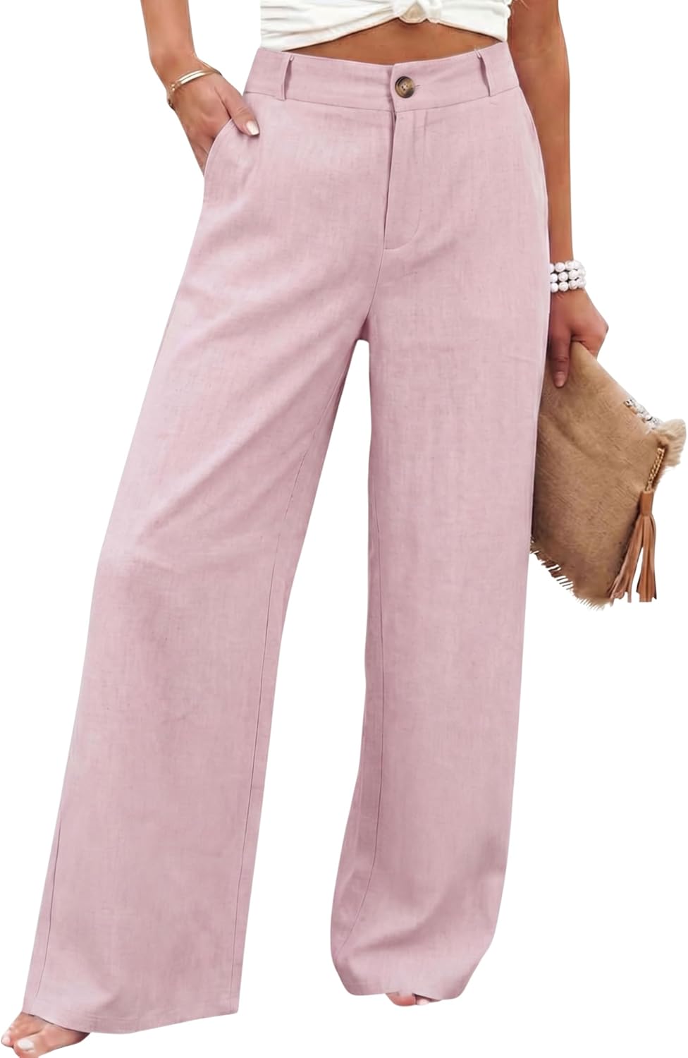 Womens Cotton Linen Pants Casual Button Up High Waisted Wide Leg Trousers