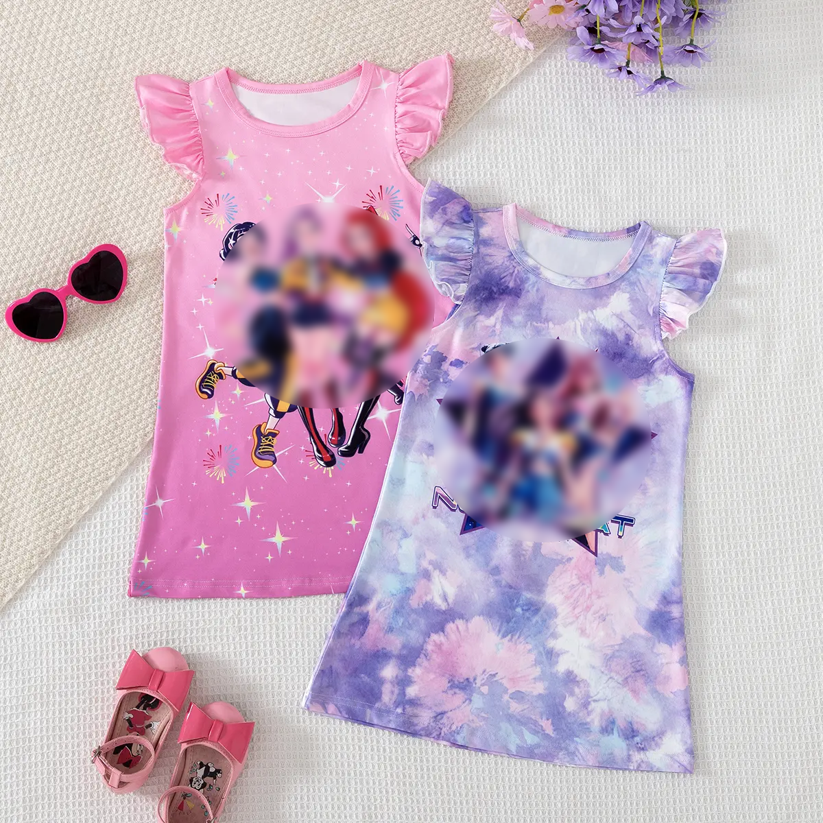 Spring Summer Girls' Sleeveless Casual Dress Set, Cute Cartoon Pattern, Comfortable Soft Fabric, Perfect for Daily Wear