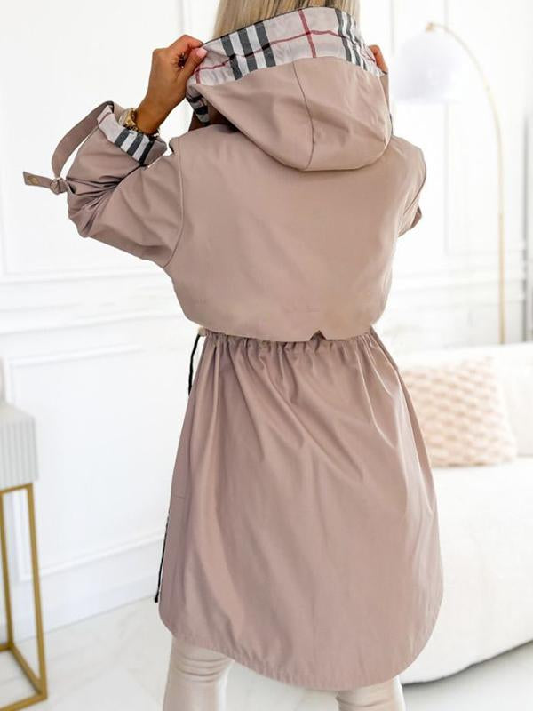 Women's Hooded Zipper Drawstring Plaid Print Casual Long Coat-XS-3XL