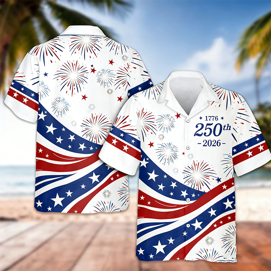 Men's 1776-2026 American Flag Firework USA Independence Day Beach Shirt