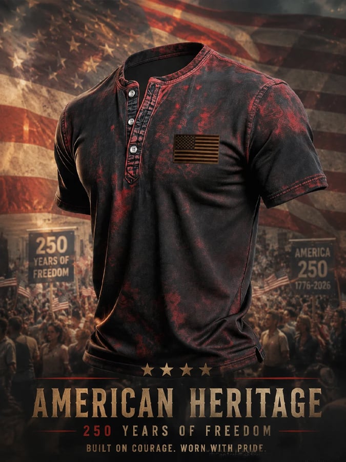 Men's Retro Patriotic Color-Block Short-Sleeve Henley T-Shirt