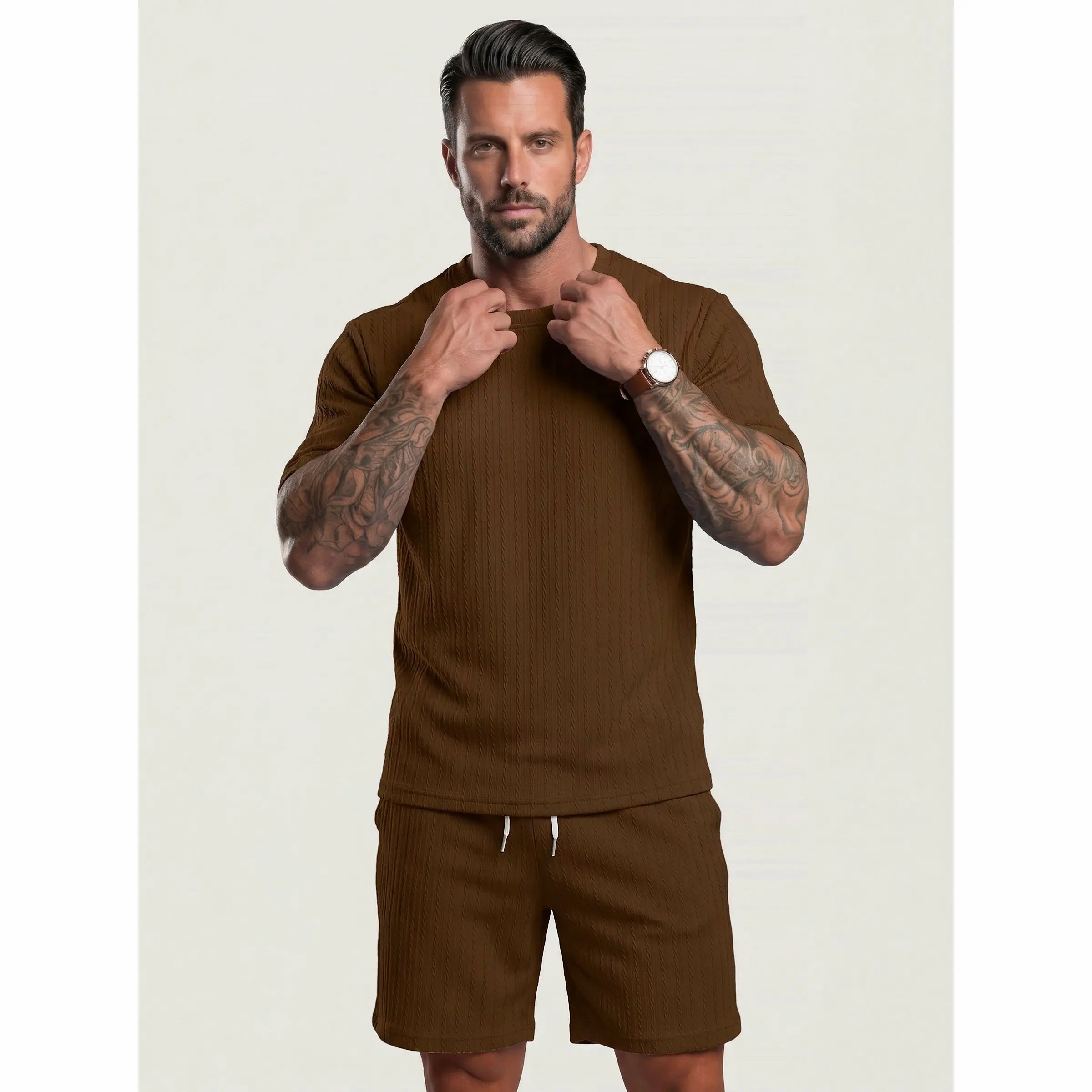 Men's Solid Textured Drop Shoulder Short Sleeve Tee & Drawstring Waist Shorts Set