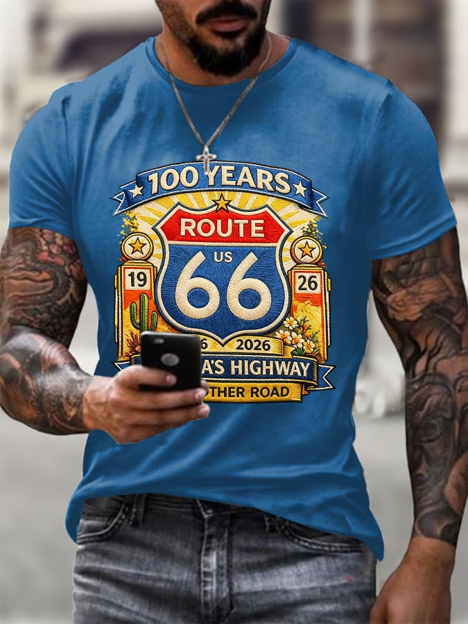 Men's Route 66 Centennial Mother Road Print Round Neck T-shirt