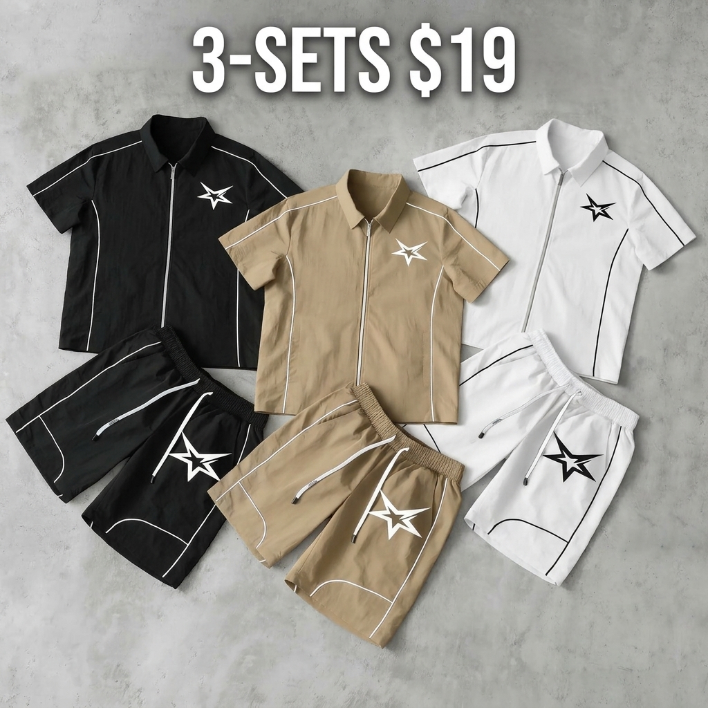 Stars Pattern Casual Set Short Sleeve Zipper Shirt + Gym Shorts Two-Piece Set, Breathable Comfort Spring Summer Daily Wear Activewear Set