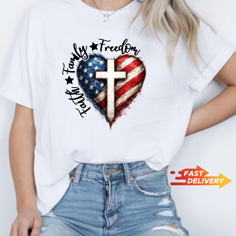 Faith Family Freedom Cross Shirt, Patriotic Christian 4th of July Tee