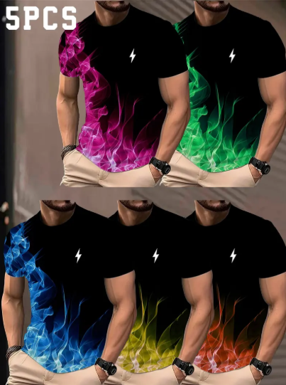 Men's Fashion & Casual Striped Short-Sleeve T-Shirt 5-Piece Set — Breathable & Quick-Drying