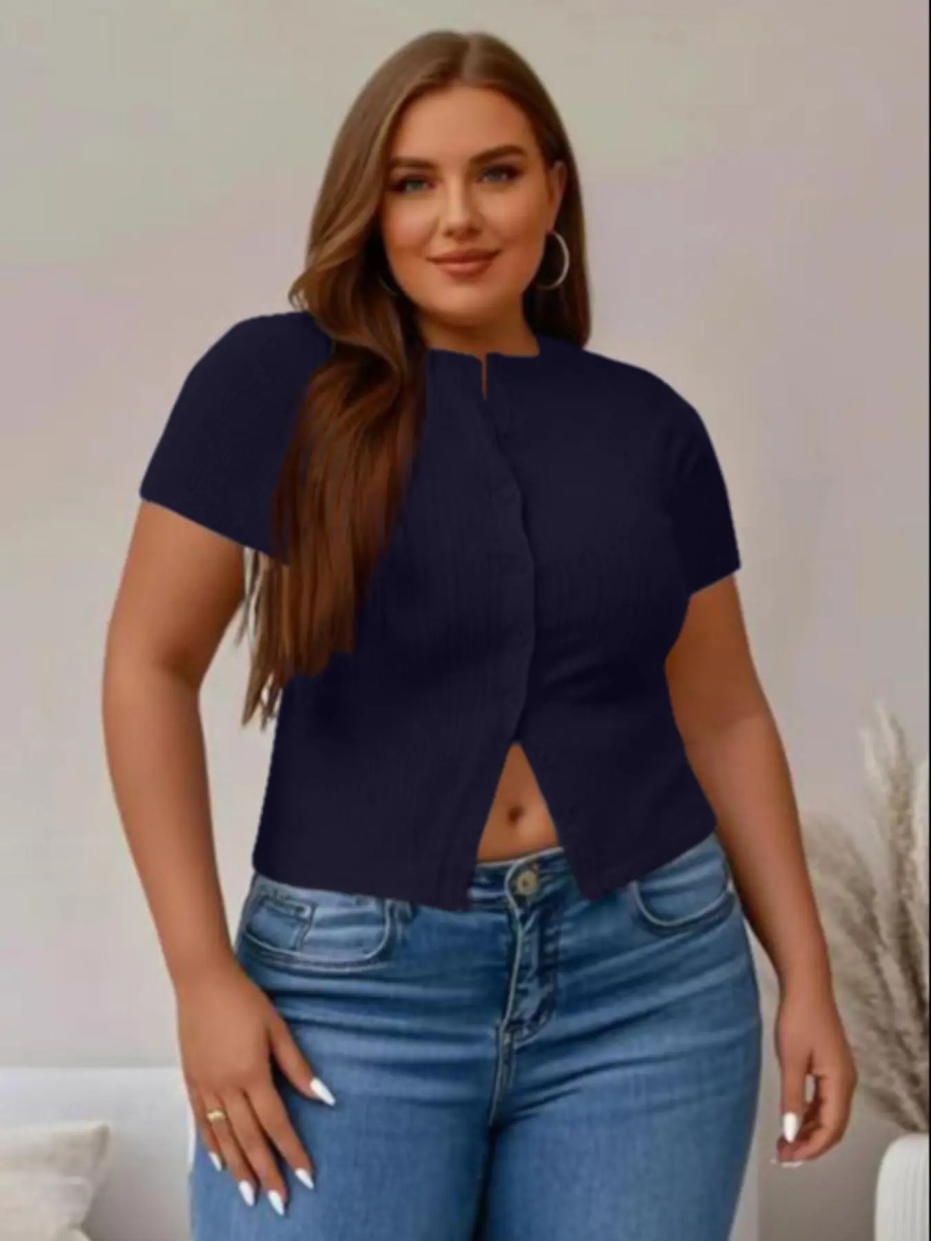 【Plus Size】 Solid Ribbed Short Sleeve Top, Casual Button Front Top for Summer, Women's Plus Clothing for Daily Wear