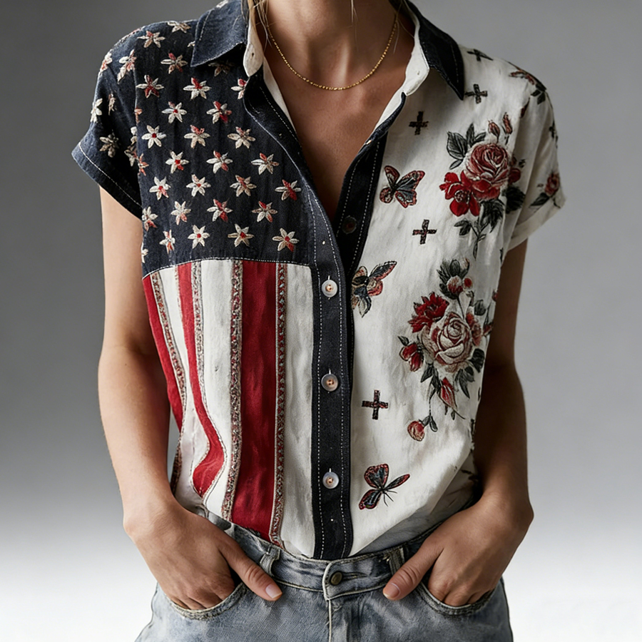 Women'S V-Neck Art Flower Printed Short Sleeved Shirt