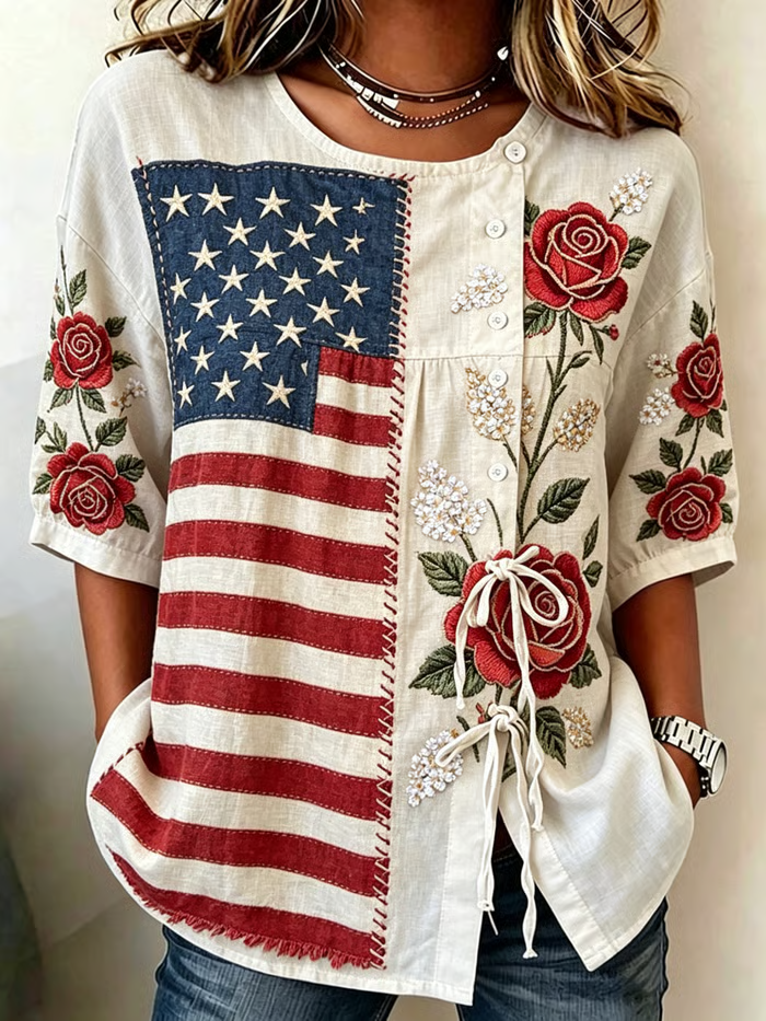 Women'S Independence Day Floral Printed Cotton And Linen Top