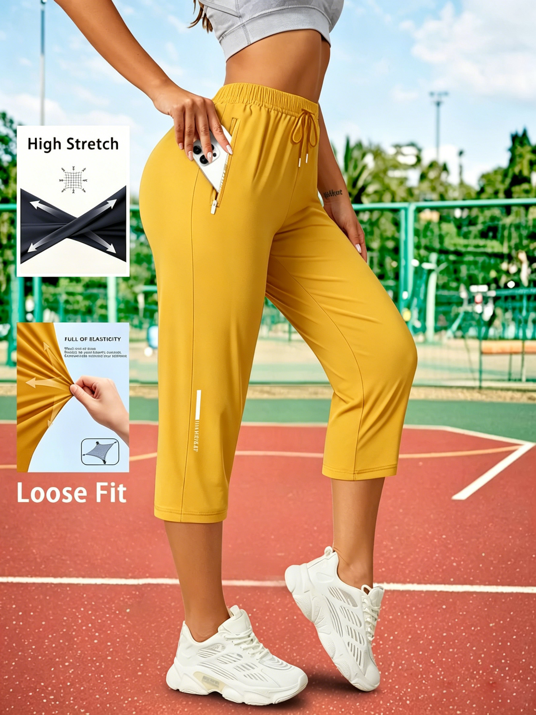 Women's Capris Pants - Loose Fit, Summer Drawstring Waist, Zippered Pockets