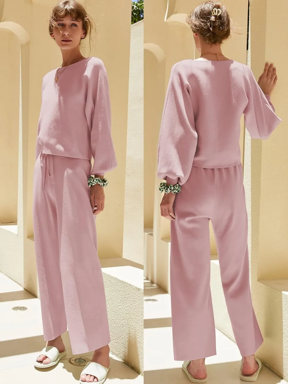 Womens Fall Winter Casual Solid Knitted 2 Piece Sets Long Sleeve Hoodie