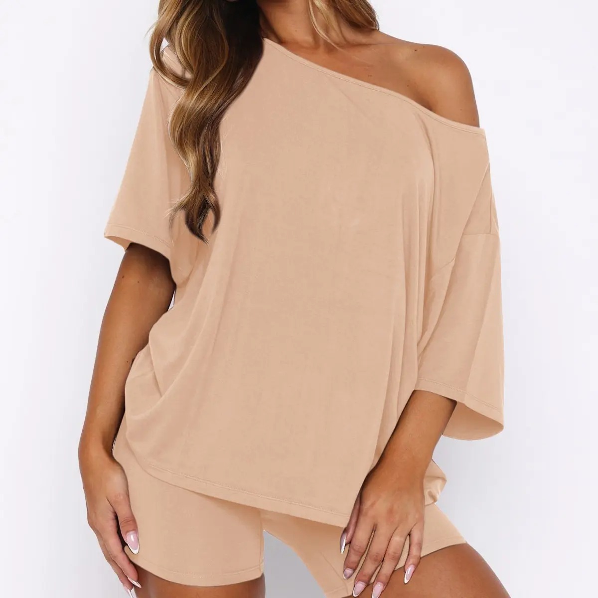 Women's Off-Shoulder Lounge Set Casual Top & Fitted Shorts