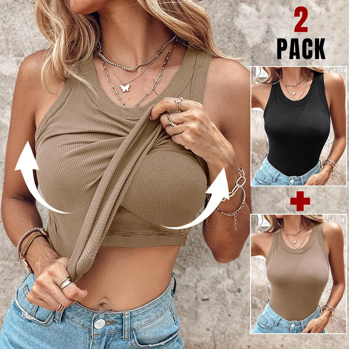 ⚡ Women's Built-In Bra Ribbed Tank Top (5 Colors Set) 🔥