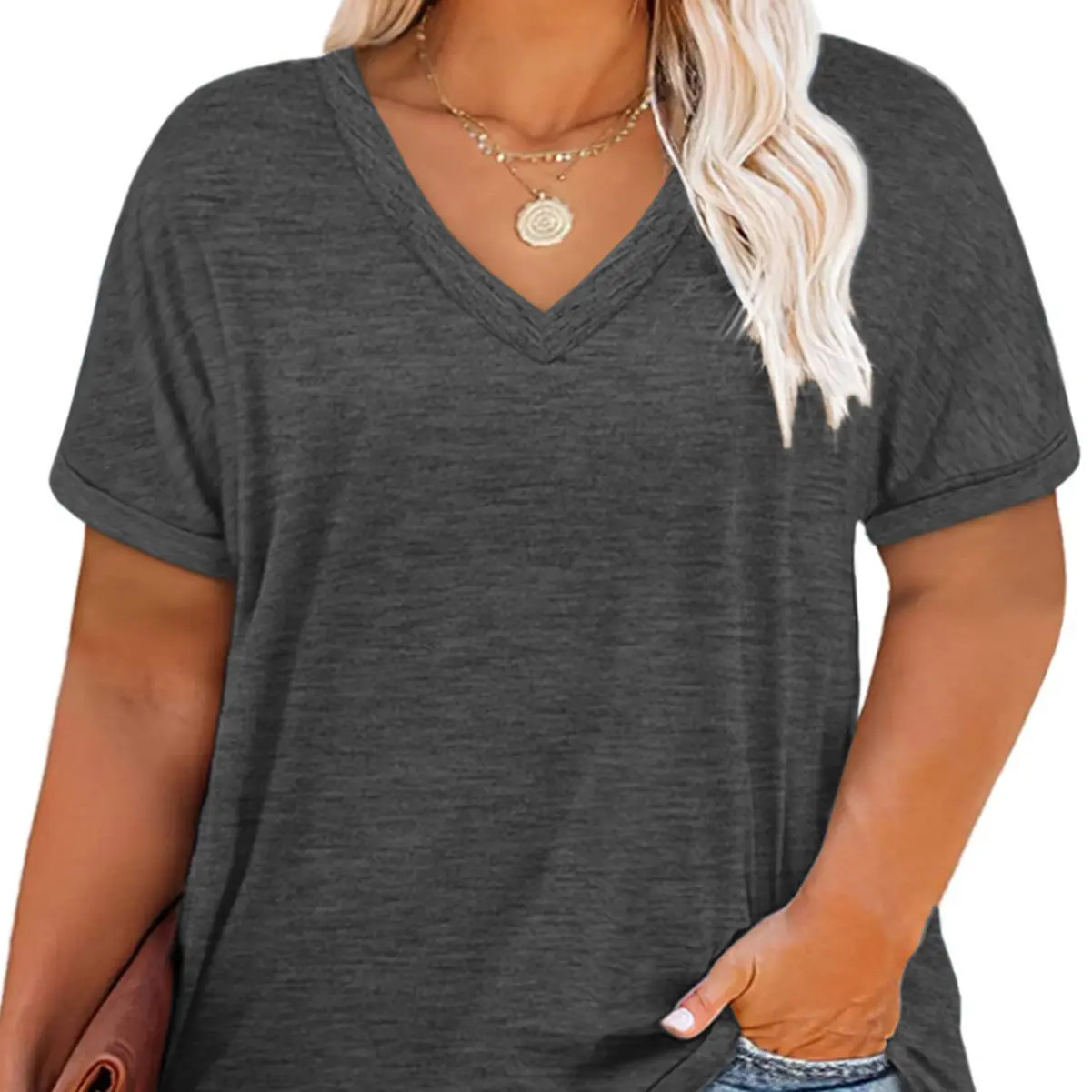 Women's Plus-Size V-Neck Short-Sleeve T-Shirt — Casual, Loose-Fit Summer Top — Soft, Breathable Basic Tee