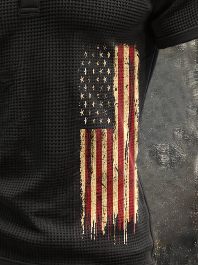 Men's Vintage Patriotic Waffle-Knit Henley T-Shirt