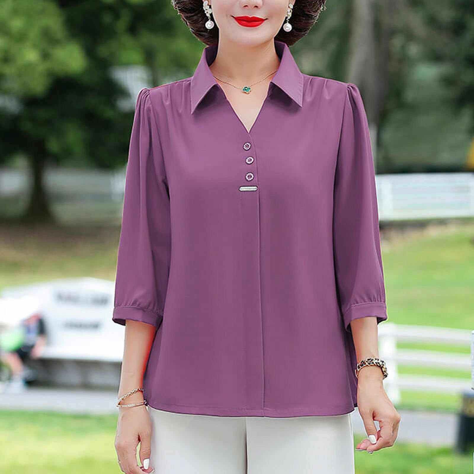 Women's 3/4 Sleeve Shirt Elegant Polo Collar Solid Color Blouse