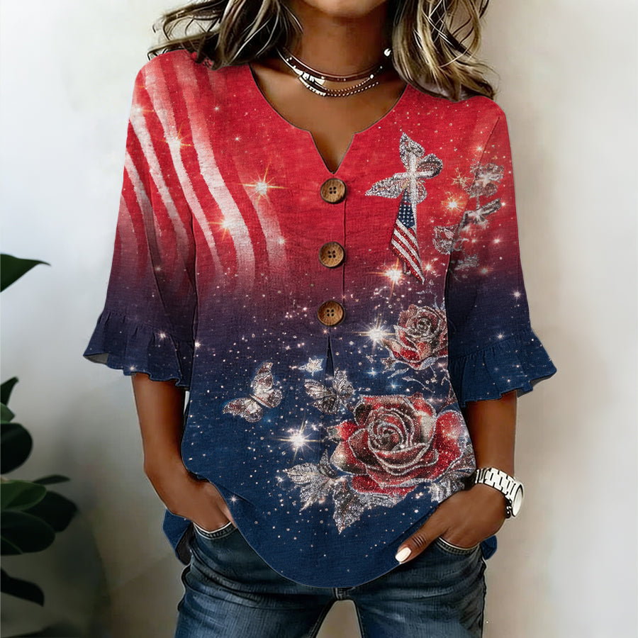 Women'S Faith Cross Flag Art Printed V-Neck Half Sleeve Top