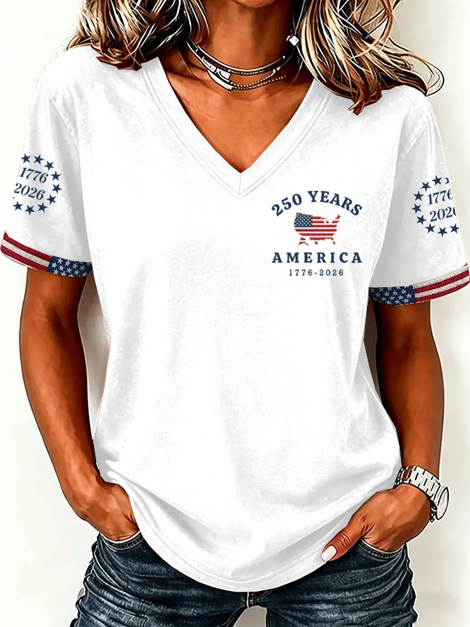 Women's America 250 Years 1776-2026 Print V Neck T-shirt