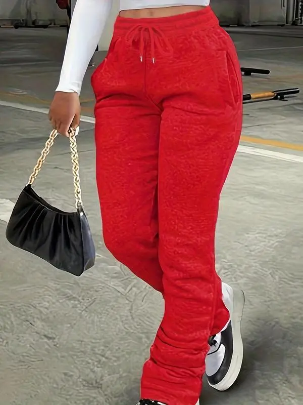 Women’s Stackable Sweatpants with Pockets – Drawstring Waist Casual Joggers for Daily Wear