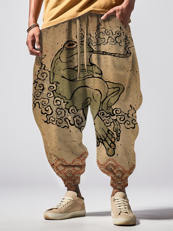 Men's Japanese Retro Smoking Frog Art Painting Loose Drawstring Waist Sweatpants