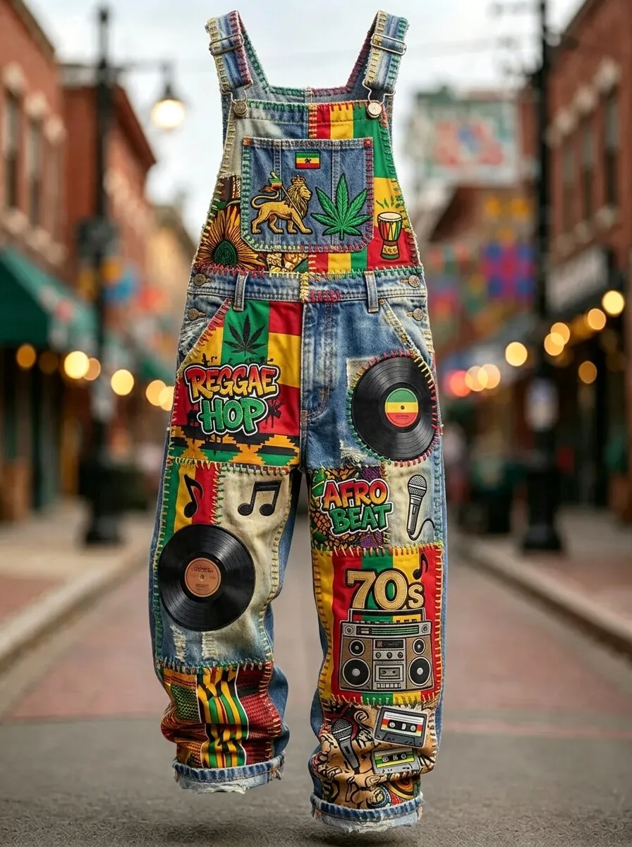 Men's Retro Hip-hop Vinyl Records Geometric Patchwork Reggae Art Print Overalls Jumpsuit