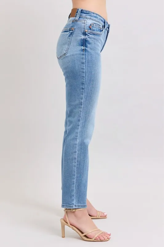 Blue Full Size Mid Rise Vintage Wash Slim Jeans with Cell Phone Pocket Plus Size