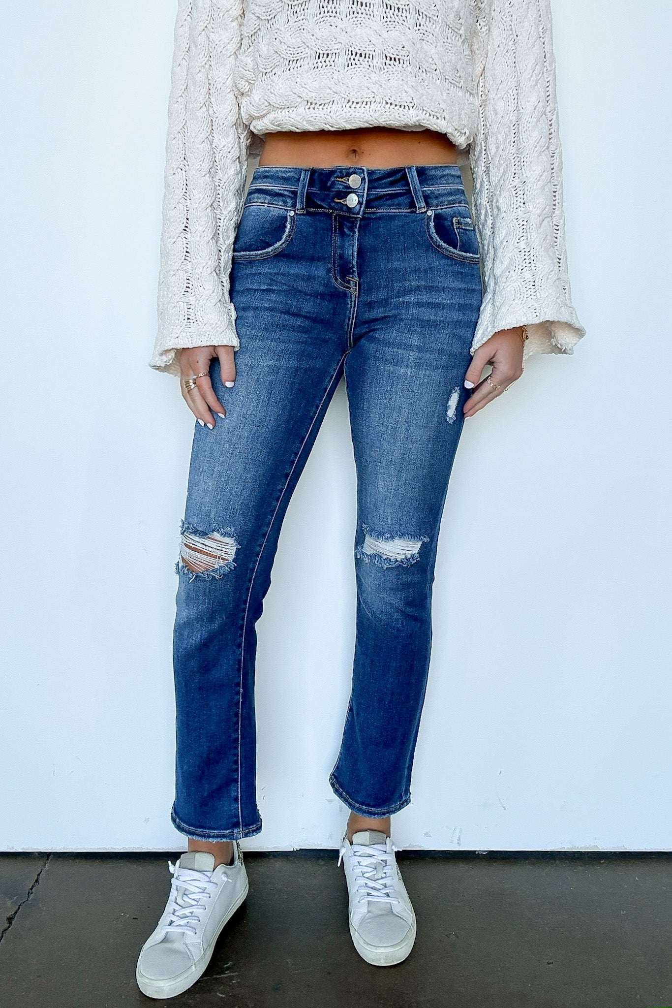 High Rise Distressed Slim Straight Jeans