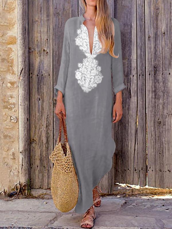 Women Vintage Ethnic Print Loose Long-sleeved Cotton Linen Dress