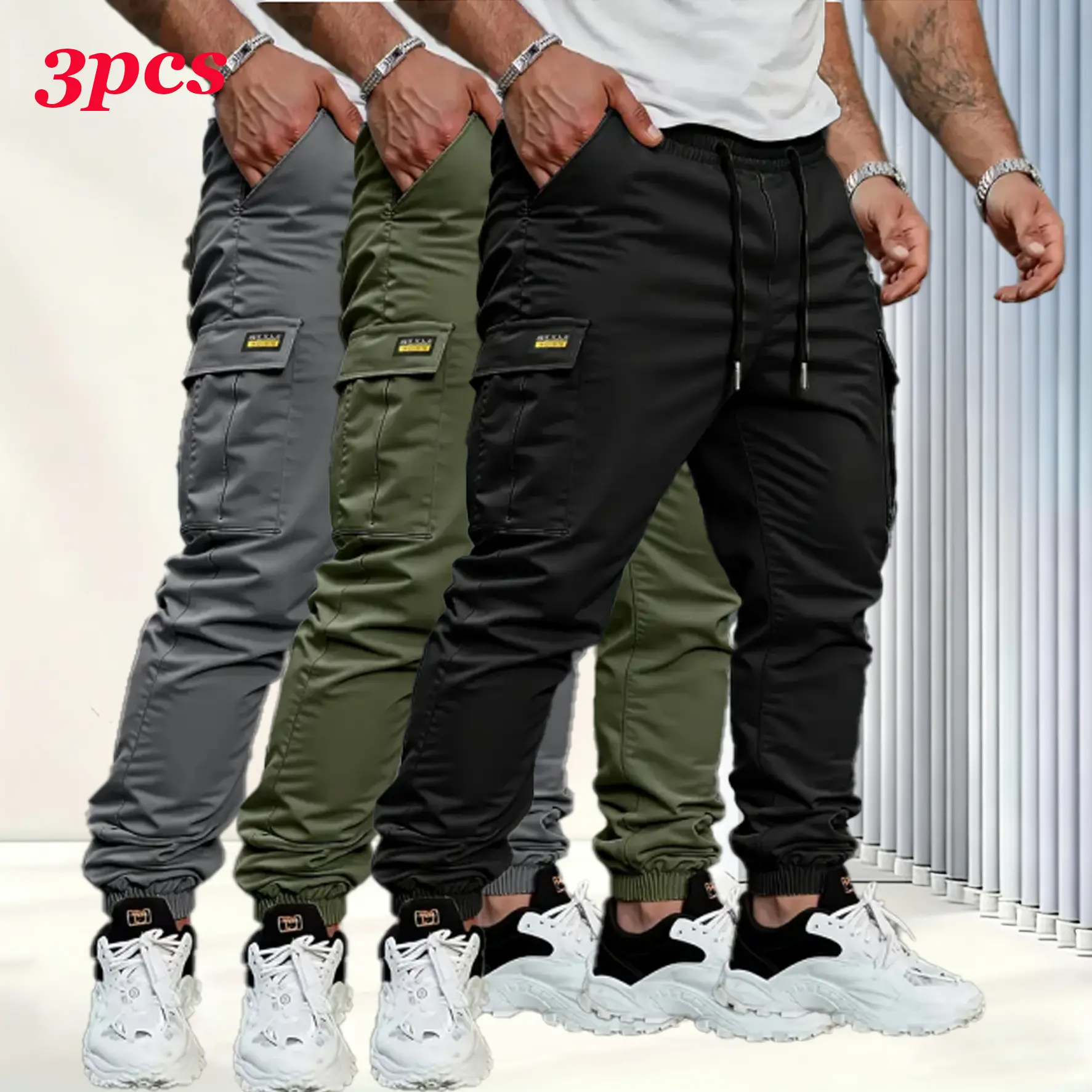 Men's solid color tactical work pants with multiple pockets and drawstring design