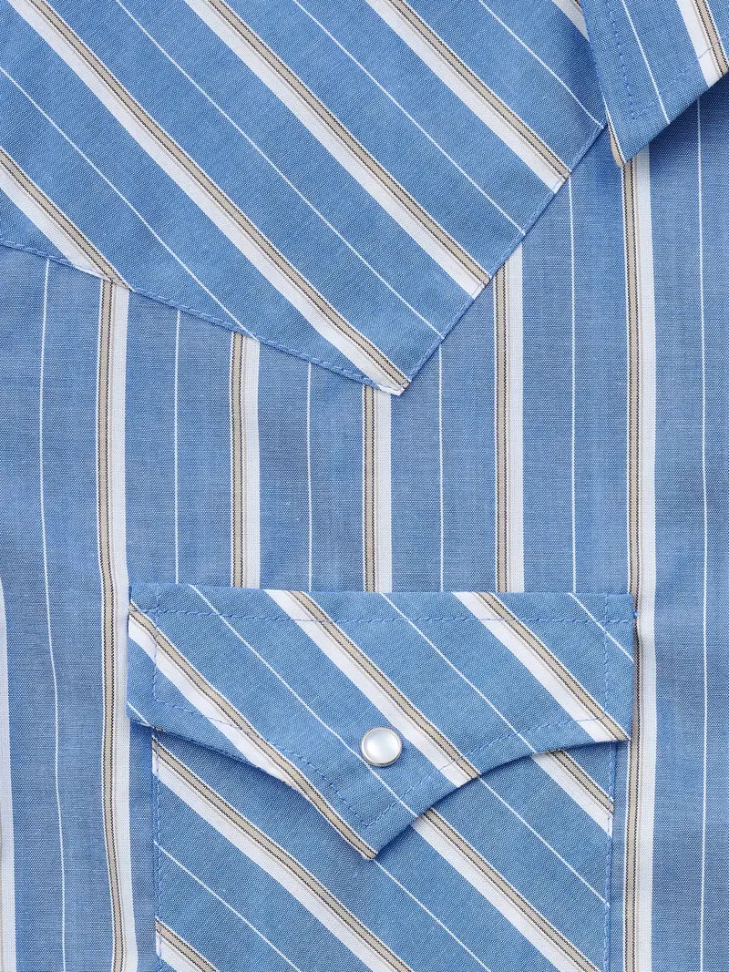 Men's Short-Sleeve Stripe Western Snap Shirt – Classic Casual Top with Functional Fabric & Pocket