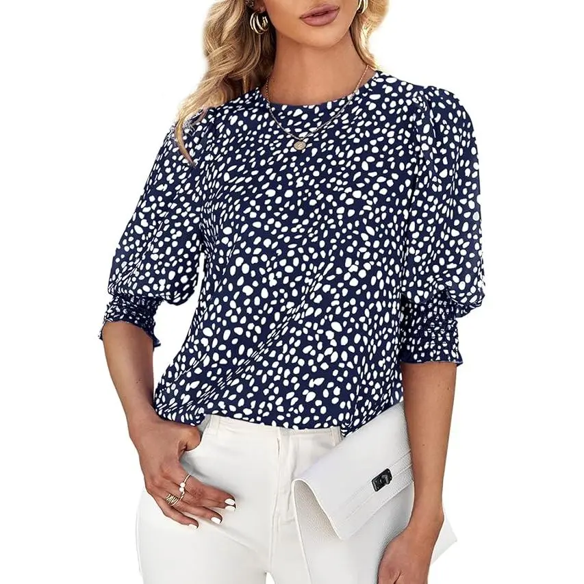 Women's Polka Dot 3/4 Sleeve Blouse Tops Ladies Casual Office Work Crew Neck T-Shirt