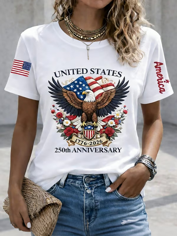 Ladies' Casual US National Day Flag Embroidered Printed Short Sleeved Round Neck T-Shirt