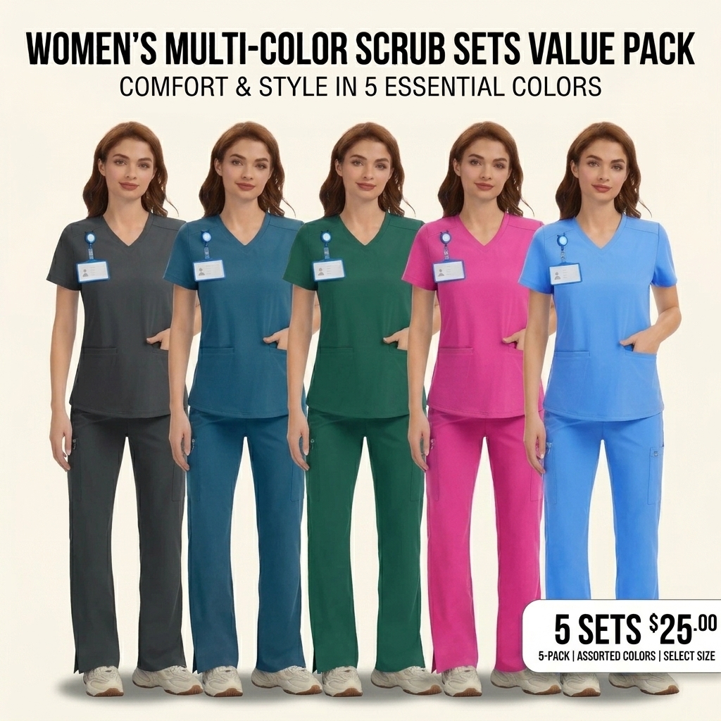 Women's Stretch Scrub Set - V-Neck Top & High Rise Yoga Waist Pants with Pockets