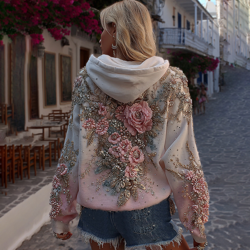 Women's Classic Rose Embroidery Art Comfy Hoodie